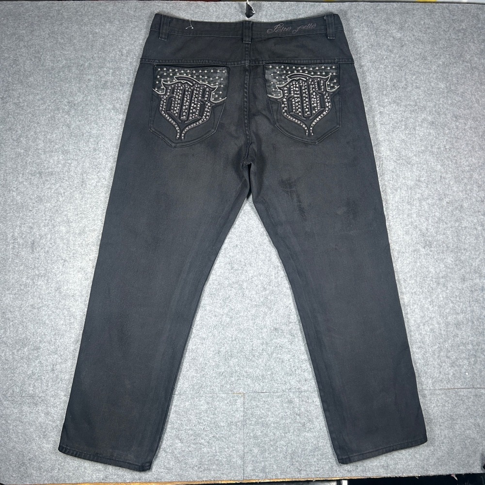 Pelle Pelle Denim Pants Mens 38x34 Black Studded Rhinestone Baggy Y2K Hip Hop